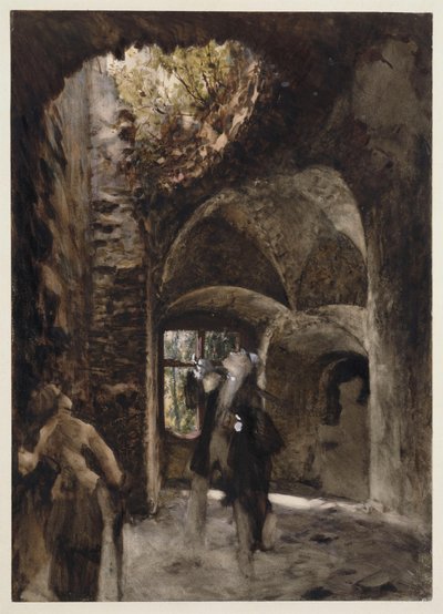 In the Ruins, a Gentleman and a Lady Stand on a Landing and Look Up at a Large Hole in the Vault by Adolph Menzel