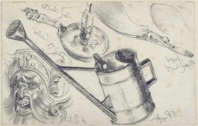 Candlestick from the Gallery in Dresden, Device from Ivory (Shoe Horn) and Mask from the Museum of Decorative Arts Berlin and Watering Can by Adolph Menzel
