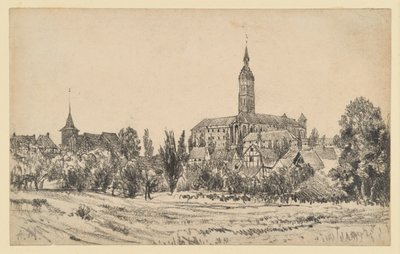 Small Town with High Church Tower by Adolph Menzel