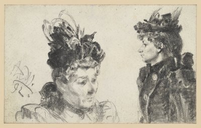 Head of a Woman with Feather Hat to the Right, Bust of a Woman with Hat in Profile to the Left by Adolph Menzel