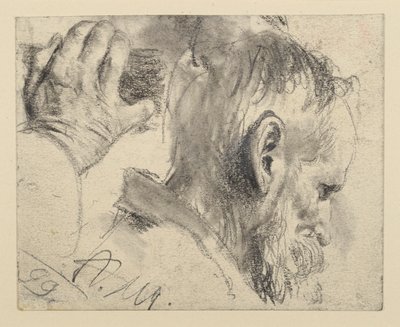 Head of a Bearded Man, Slightly Bowed, to the Right and Right Hand by Adolph Menzel