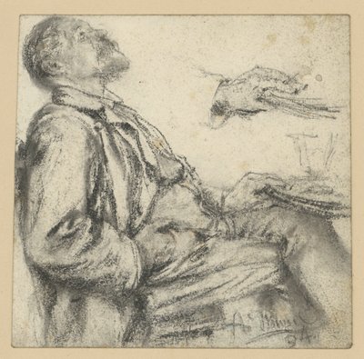 Man Sitting at Table, Leaning Back, Looking Up and Hand Study by Adolph Menzel