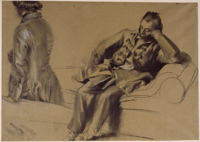 Man in a Corset Sitting on the Sofa, Another Walking by Adolph Menzel
