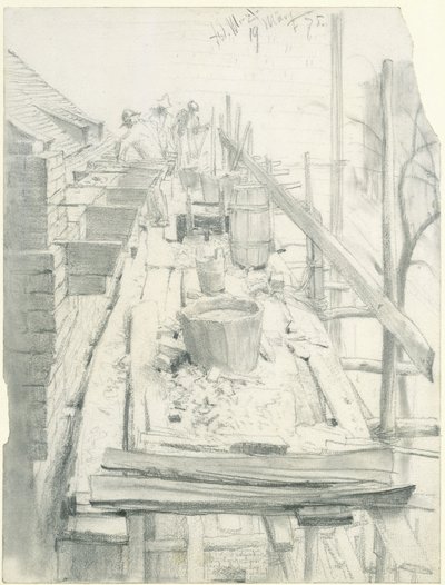 Bricklayers at Work on Scaffolding by Adolph Menzel