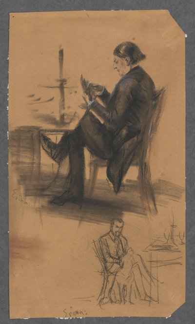 Man with Cards in Hand, at the Gaming Table (top); Man Sitting at the Table, Petting a Dog (bottom) by Adolph Menzel