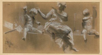 Sculptural Work on a Cornice, Allegorical Female Figure Flanked by Putti Symbolizing Painting (r.) and Sculpture (l.) by Adolph Menzel
