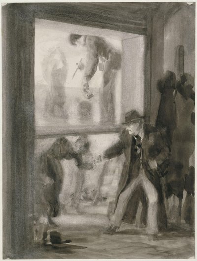 Transparent Painting in the Academy, a Gentleman in a Felt Hat Offering a Hand to a Bent Female Figure by Adolph Menzel