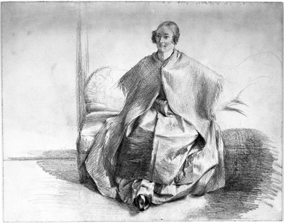 Female Costume Figure with Shawl, Sitting on a Sofa by Adolph Menzel