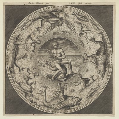 Design for a Plate with Arion Riding a Dolphin in a Medallion Bordered by Sea Monsters, c1600 by Adriaen Collaert