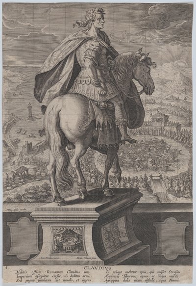 Plate 5: Equestrian Statue of Claudius, Seen from Behind, a Naval Competition at River by Adriaen Collaert