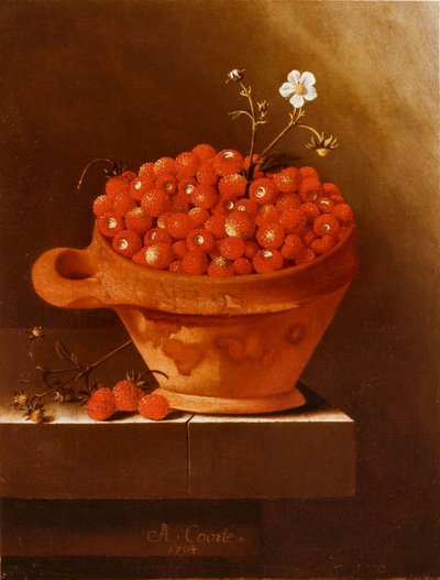 Earthenware Bowl with Strawberries on a Stone Plinth by Adrian Coorte