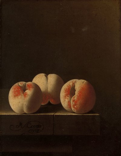 Three Peaches on a Stone Plinth by Adrian Coorte