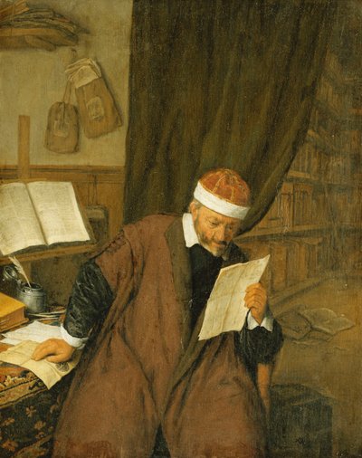 A Lawyer Seated at a Desk Reading a Letter, a Library Beyond, 1668 by Adriaen Jansz. van Ostade