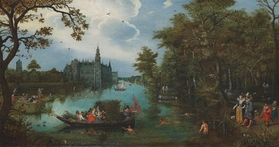 Summer Landscape with Boating Party and Bathers by Adriaen Pietersz. van de Venne
