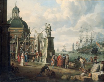 A Capriccio of a Mediterranean Harbour with Merchants, an Elegant Couple on the Quayside, Before a Statue of Hope and a Baroque Church, a Lighthouse, a Dutch Man-o-war, and Other Shipping Beyond by Adriaen Verdoel