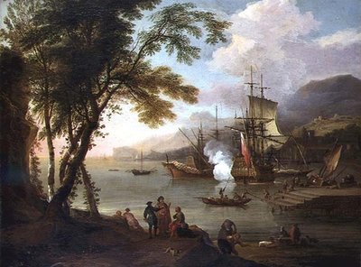 A Capriccio of a Mediterranean Harbour with Shipping, Merchants and Dockhands by Adriaen van Diest