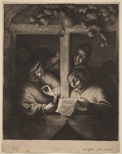 Four Men at a Window, One Reading from a Sheet by Candlelight by Adriaen van Ostade