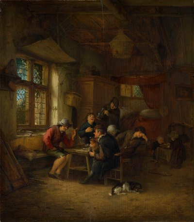 Interior of a Tavern with Five Peasants and a Woman by Adriaen van Ostade
