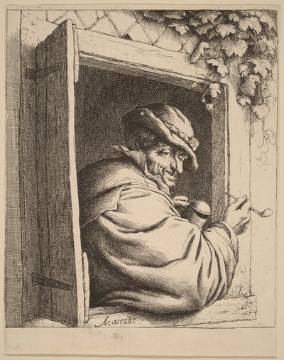 Peasant at a Window Holding a Pipe and a Jug by Adriaen van Ostade