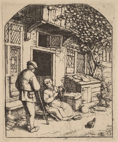 Two Peasants Outside a House, the Woman Winding Wool by Adriaen van Ostade