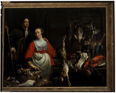 A Gamekeeper with a Punt Gun and a Maidservant Holding Up a Dead Hare in a Larder by Adriaen van Utrecht