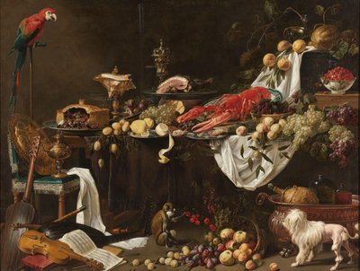 Banquet Still Life with a Parrot, Dog and Monkey by Adriaen van Utrecht