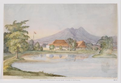 View of a House with a Dutch Flag and Pond against a Mountain, West Java by Adrianus Johannes Bik