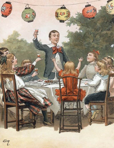 A young boy makes a speech, children clinking glass, illustration by Adrien Marie in the book Tout a la joie by Zari, Emile Guerin publication 1890 by Adrien Emmanuel Marie
