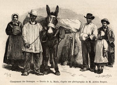Loading of Cheeses on the Back of a Mule (engraving after a drawing by A. Marie, illustrating a journey to Roquefort and its surroundings by Adrien Roques and Jules Charton, published in 