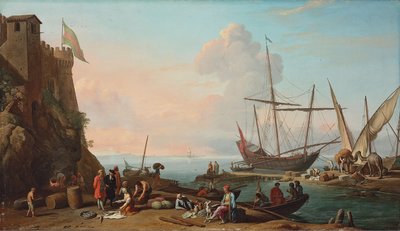A Mediterranean Harbour with Stevedores Unloading Their Ships, Figures Selling Fish in the Foreground by a Fortress by Adrien Manglard