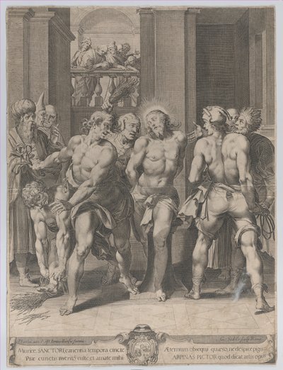 The Flagellation of Christ, with floggers on either side and figures watching from a balcony, 1593 by Aegidius Sadeler II