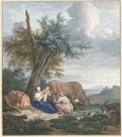 Peasant Woman and Man with Child in a Landscape with Cattle by Aert Schouman