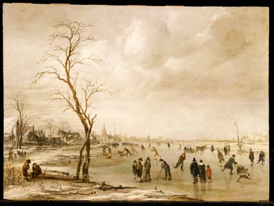 A Winter Landscape with Townsfolk Skating and Playing Kolf on a Frozen River, a Town Beyond by Aert van der Neer