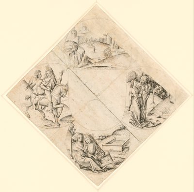 Design for a Quatrefoil with a Castle, Two Lovers, a Maiden Tempted by a Fool, a Couple Seated by a Trough, and a Knight and His Lover Mounted on a Horse by After The Master of the Housebook