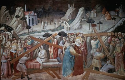 St. Helena digs to find the True Cross, from the Legend of the True Cross Cycle by Agnolo Gaddi, chapel of the Basilica of Santa Croce, Florence by Agnolo Gaddi