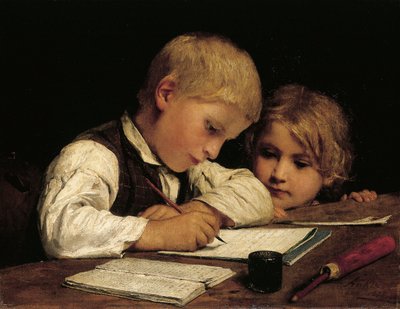 A Boy Writing by Albert Anker