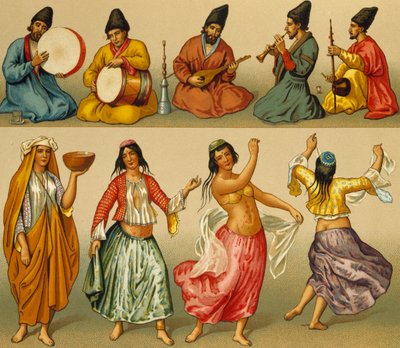 Musicians and Dancers from Persia, Lithography from Le Costume Historique by Albert Charles August Racinet