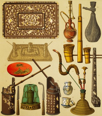 Pipe and objects used by smokers, lithograph from The Complete Costume History, first volume, by Auguste Racinet by Albert Charles August Racinet