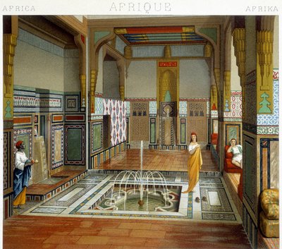 Woman and her servant next to a fountain in a house in Cairo (Egypt). Chromolithographic plate - in 