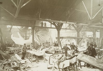 Men in a workshop hammering sheets of copper for the construction of the Statue of Liberty by Albert Fernique