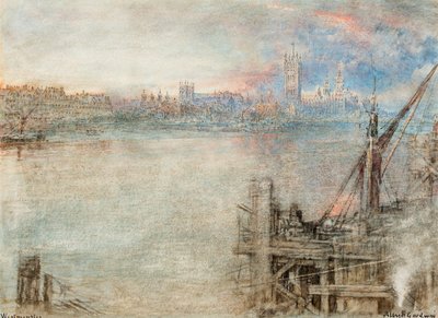 Westminster with the Houses of Parliament at sunset by Albert Goodwin