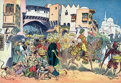 Aladdin Riding Through the Streets of the City and Throwing Money Around Him by Albert Robida