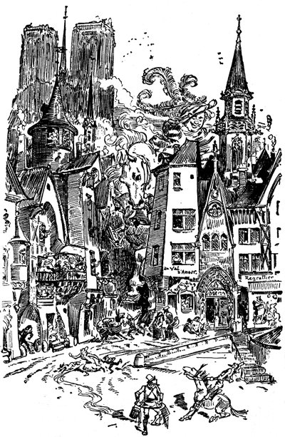 Giant Gargantua walks through Paris, sowing panic and destruction by Albert Robida