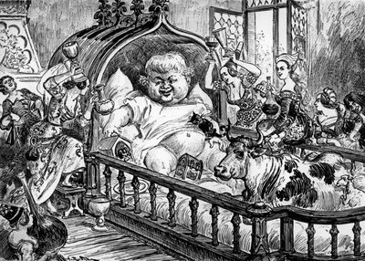 Grandes et inestimables chroniques du grand et enorme geant Gargantua anonymous work who inspired Francois Rabelais for "Pantagruel" in 1532, engraving by Albert Robida: here Gargantua as a baby by Albert Robida