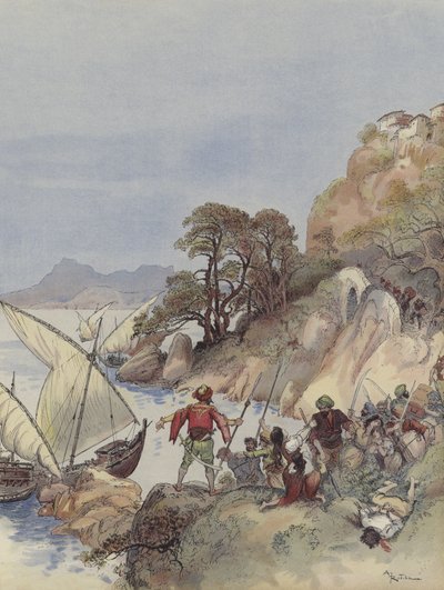 The Barbary Pirates Terrorize the Mediterranean Coast, Kidnapping Inhabitants to Sell as Slaves by Albert Robida