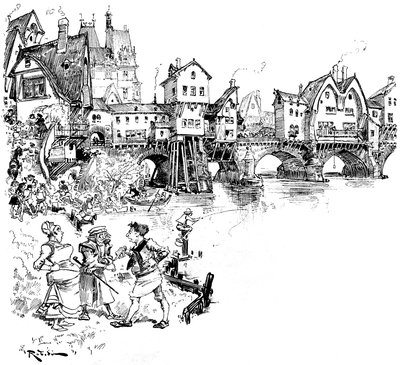 Paris: the Seine, bridge with houses, inhabitants, Parisians, scenes of Parisian life in the Middle Ages - architecture - urban habitat - river by Albert Robida