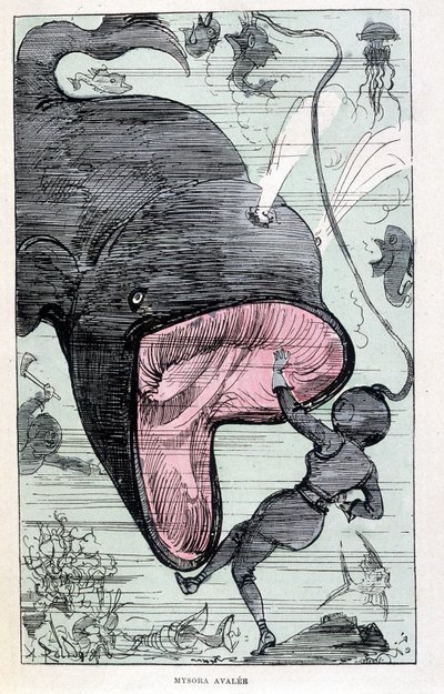 Woman in a diving suit getting swallowed by a whale, parody of Jules Verne, 