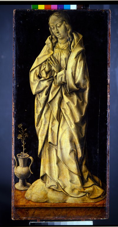 Formerly the Wings of a Triptych, a Pair, Female Figures Personifying Wisdom and Generosity, with the Annunciation by Albrecht Bouts