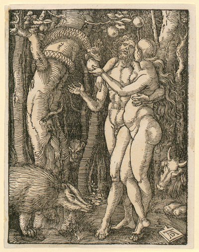Adam and Eve, Plate 2 from the series "Small Woodcut Passion" by Albrecht Dürer