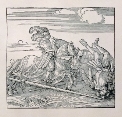Emperor Maximilian I of Germany unseats an opponent in a joust, from an unpublished book glorifying the Emperor
